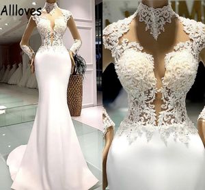 Modest Satin Mermaid Wedding Gowns With Illusion Long Sleeves High Collar Lace Appliques Beaded Bridal Dress Sweep Train Boho Garden Robes de Mariee Elegant CL0707