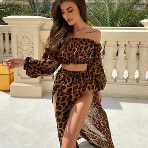 Work Dresses Women Beach Swimwear 2PCS Sexy Summer Leopard Printed Ruched Off Shoulder Shirt Top And Split Skirts Stylish Bathing Clothes