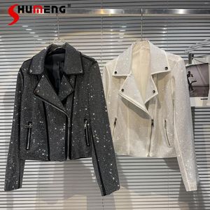 Women's Jackets Fashion 2024 Spring Girl Full Diamond Rhinestone Zipper Coats Long Sleeve Solid Color Short Coat