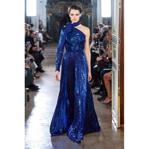 Elie Saab Gorgeous Royal Blue Sequined A Line Evening Dresses Open Back One Shoulder Party Gowns Arabic Pageant Celebrity Prom Dress Rabic