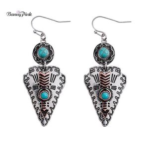 Banny Pink Tribal Turquoises- Kadınlar İçin Taş Dangle Küpeler Etnik Metal Ok Derecesi Damla Küpeler Vintage Stone293y