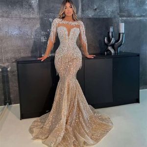 Aso Ebi Champagne Mermaid Prom Dress Beaded Crystals Evening Formal Party Second Reception Birthday Bridesmaid Engagement Gowns Dresses Robe De Soiree