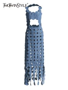 Twotwinstyleパッチワークデニムドットホロー女性のためのセクシーなドレススクエアカラーの袖の袖のハイウエストドレス女性ファッション240409
