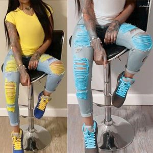 Kvinnors jeans 2024 Stretch Ripped Skinny Blue Denim Jean Sexig mamma Kvinna Kvinna Kontor Fashion Trendy High midja Pencil Pants Spa