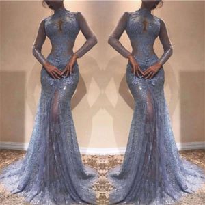 Gorgeous Zuhair Murad Full Lace Evening High Neck Mermaid Illusion Long Sleeves See Through Prom Dresses Lavender Party Dress