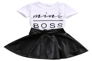 2018 New Fashion Toddler Kids Girl Clothers Set Summer Simmer Simeve Mini Boss Tshirt Thirt Tops Leather Skirt 2PCS Outfit Child Suit8674528