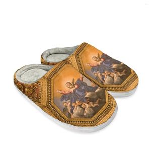 Slippers Luxury Painting Women Cotton Golden Design Flannel Warm Winter House Bedroom Home Couple Flats DIY Pattern Drop