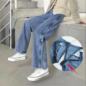 Women's Jeans Straight Leg Invisible Open Crotch Outdoor Sex Student High Waist Loose Wide Pants Buttons