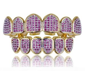 Nowe niestandardowe dopasowanie Hip Hop Gold zęby Grillz Caps Micro Pave Fuchsia Cubic Zirconia Górna dolna grille Zestaw na prezent Bożego Narodzenia Kobiety 7317340