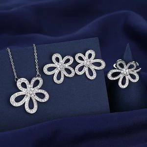 Designer's five petal flower three piece set with luxurious diamond rings, necklaces, earrings, fashionable and versatile accessories