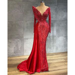 Aso ebi arabskie czerwone luksusowe sukienki wieczorne syreny koralikowe koronkowe sukienki na bal mat