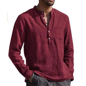 S-5XL Cotton Linen Shirt Long Sleeves Crew Neck Mens Summer Simple Plain Blouse Button Down Tops Plus Size 240407