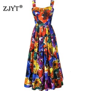 Пляжное платье летнего отдыха Zjyt для женщин винтажный принт для спагетти ремешок Midi Dress Designer Elegant vestidos 240410