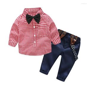 Roupas conjuntos de roupas de outono e inverno terno infantil crianças cavalheiro camisa xadrez de macacão masculino de uma peça de uma peça