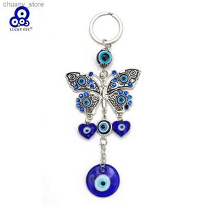 Keychains Lanyards Lucky Eye Farterfly Pendant Wall Hanging Glass Heart Round Turkish Evil Eye Keychain Jewelry Llavero Porte Cl Y240417