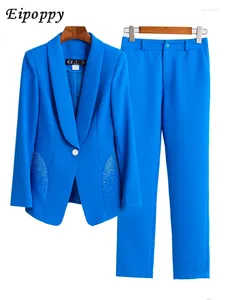 Women's Two Piece Pants Fashion Ladies Pant Suit Formal Women Office Business Work Wear Blazer And Trouser Blue White Black Solid 2 Set