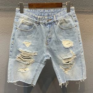 Summer Mens Ripped Denim Shorts Light Blue Kne Length Jeans Fashion Trend Raw Hem Beggar Pants Shorts Short Jeans Breeches 240417
