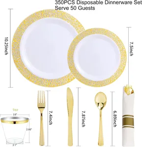 Engångs servis 350 stycken guldplast spetsplattor inkluderar: 50 middag 50 dessert före Rolle -servetter