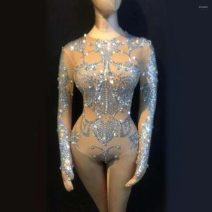 Casual Dresses Sexy Rhinestones Bodysuit Elastic Nude Crystal Pole Dance Leotard Women Nightclub Party Performance Jumpsuit Outfit Stage