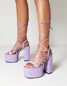 2024 Nowy styl Lady Ladies Skórzanie 14 cm Chunky High Obcing Sandals Silne krzyżowe 4 cm platforma Peep-Toe Wedding Party Buty kostki Rozmiar 34-43 Werpentynowe uzwojenie