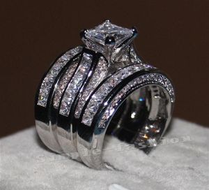 Fine Twelry Prenses Kesme 20ct CZ Elmas Nişan Düğün Band Ring Seti Kadınlar için 14KT Beyaz Altın Dolgulu Parmak