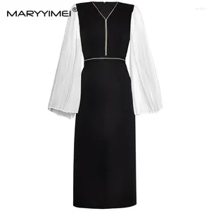 Casual Dresses Maryyimei Fashion Women's V-hals lapptäcke veckade långärmade nagelpärlor snörning elegant vintage höft wrap midi klänning