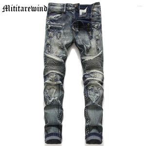 Mäns jeans vintage knä veck high street smal retro blå y2k stil full längd denim byxor hip hop streetwear mode byxor