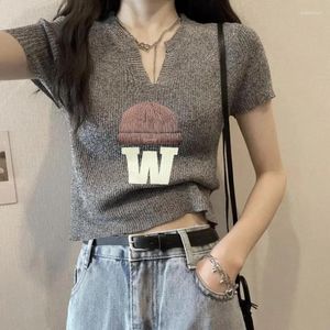 Women's T Shirts Grey Ice Silk V Neck Knit Short Sleeved Shirt Women Summer Slim Small Section Positive Shoulder Printed Tshirt Tops 2024