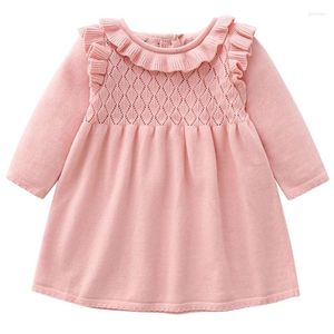 Flickaklänningar faller vinterfödda flickor kläder koreanska söt stickad tröja varm småbarn rosa prinsessan klänning barn baby kläder bc1061