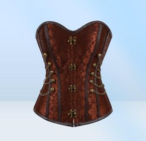 Mulheres vintage steampunk gótico painéis de couro PU jacquard bust espartilho top com correntes e botões Accent S6xl plus size Brown2422044