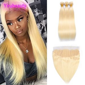 Brazilian Human Hair Extensions 3 Bundles With 13X4 Lace Frontal 613# Blonde Color Silky Straight 4 PCS/lot Free Part 10-30inch