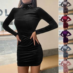 Designer Street Style Dresses Brand Women's High Neck Velvet Dress Autumn Winter New Long Sleeve Slim Dress Casual Dresses Sexy Fashion Hip Dress Plus Size Skirt