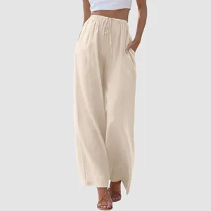 Kvinnors byxor sommar vit bomull linne kvinnor hög midja lösa raka byxor amerikanska retro elastiska midja