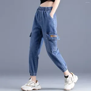 Damen Jeans Baggy Cargo Hosen Frauen Capri Elastic Taille Blau 2024 Herbst Harem Denim Jogger