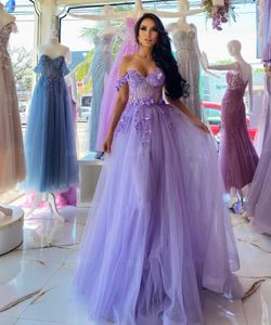 Light Purple A Line Evening Party Dress Off The Shoulder Appliques Lace 3D Flower Women Prom Formal Gowns Robe De Soiree