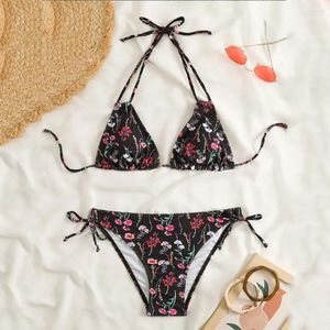 Menas de banho feminina Floral Print Bikini String Halter Backless Sexy Swimsuit Y2K Push up Férias Awas de banho Mulheres praia Brasil Tropical Bathing