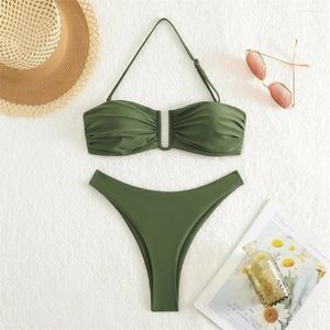 Women's Swimwear Armygreen Bikini Sexy Bandage Swimsuit U-type Pleated String Halter Bandeau Thong Y2K Women Separate Beach Bathing Suit