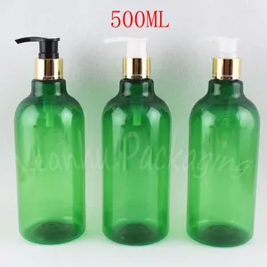 Garrafas de armazenamento 500 ml garrafa de plástico verde com bomba de loção dourada de 500cc shampoo de recipiente cosmético vazio