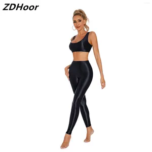 BHs setzt Frauen glänzende Leggings Set ärmellose U Hals Racerback Crop Top mit elastischen Bund für Yoga -Fitnesssportraining