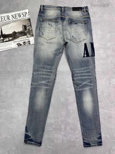 Purple HM120013 Motocicleta angustiada de alta qualidade Jean Rock Skinny Slim Ripped Hole Stripe Moda