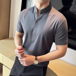 Herrpolos hög elastisk ingen spår grå polo skjortor för män koreanska sommar elegant kort ärm t-shirt stativ krage smal fit homme