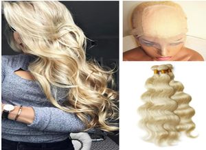 Silk Base Blonde 360 ​​spets front med buntar Brasilianska människohår spets frontal väv 44 silkebas 360 stängning med kroppsvåg ha8678088