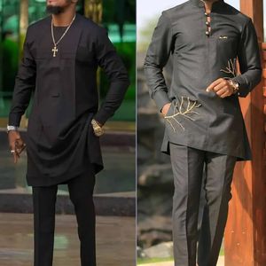 African Traditional Outfit Dashiki Black O-Neck Elegant Suits For Men 2Pc Luxury Brand Clothing Full Pant Sets Male Clothes 240410