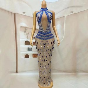 Birthday Wear Women Birthday Celebrate Outfit Blue Silver Rhinestones Abiti da sera Singer Wedding Jazz Dance costumi XS7704