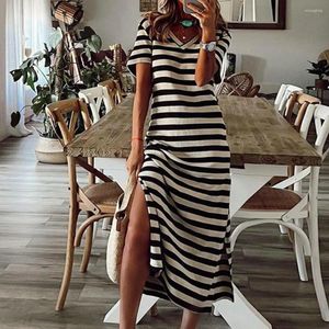 Casual Dresses Women Summer Midi Dress Side Split V Neck Short Sleeves Mid-calf Length Color Matching Slim Fit Female Clothes