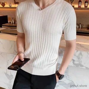 Men's T-Shirts Summer Mens Retro Knitting Short Sleeve V Collar Solid Elastic Slim Black White Comfortable Vertical Stripes Office T-shirt