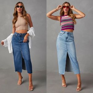 Vintage Split Fork Blue Pencil Jean Skirt Women High Waist Straight Long Bodycon Denim Skirt Women 240417