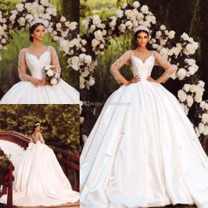 2024 Long Sleeves Ball Gown Wedding Dresses Satin Beading Sequins Illusion Back Bow Custom Made Dubai Arabic Plus Size Sweep Train