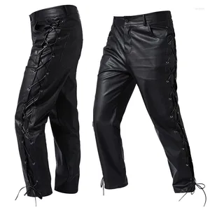 Calças masculinas 2024 Mens couro Locomotiva Punk estilo Spring Autumn Medieval Retro Bandage Trouser