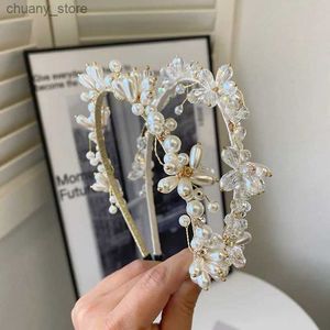 Headbands Baroque Pearl Crystal Flower Headbands Fashion Hair Accessories Women Trend High-end Bridal Thin Hairband Hair Hoop Headwear New Y240417